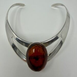925 Sterling Silver Collar Necklace Mexico Amber Oval Pendant Statement
